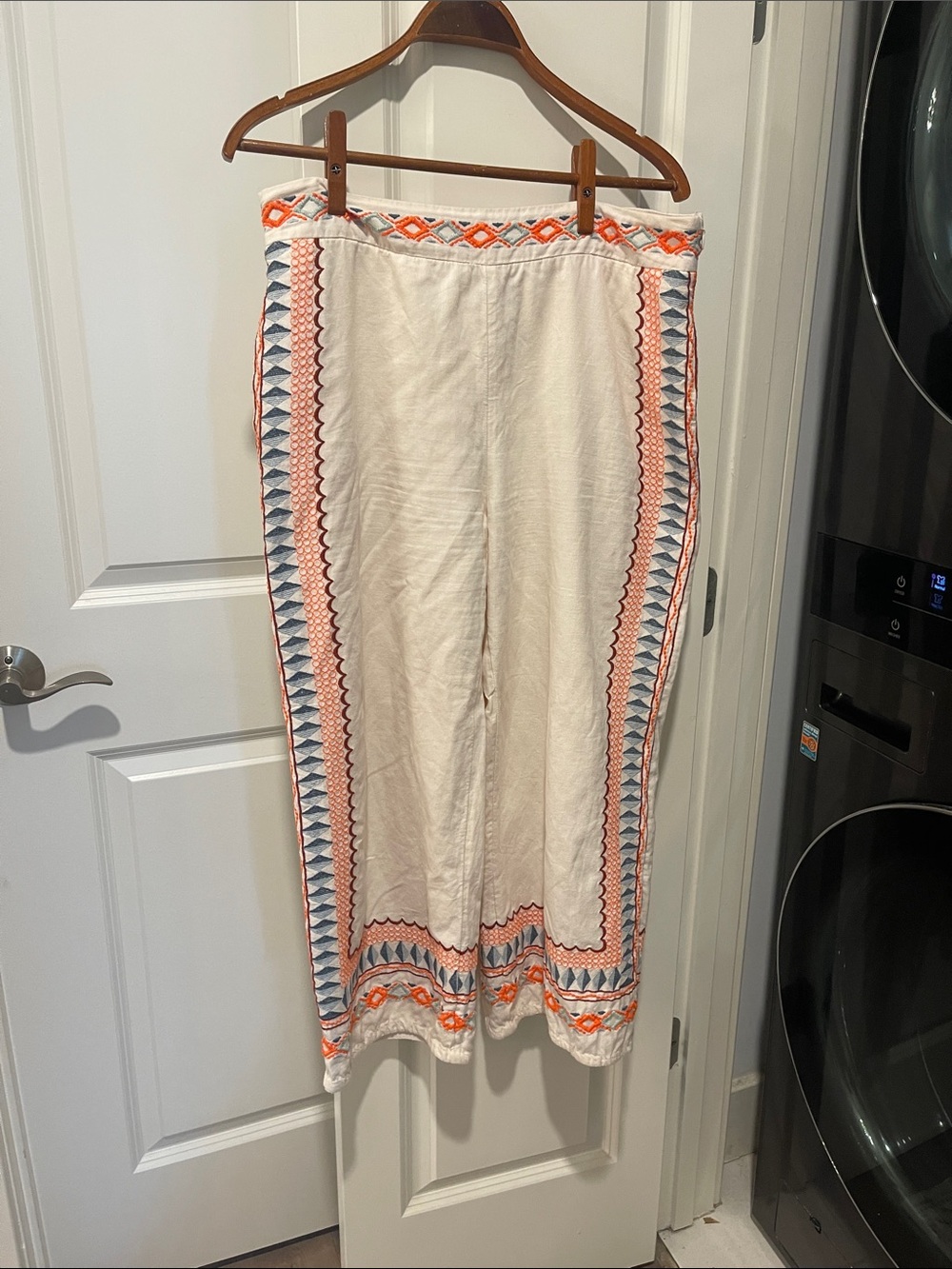 Anthropologie Cream Wide-Leg Pants with Blue and Orange Embroidery